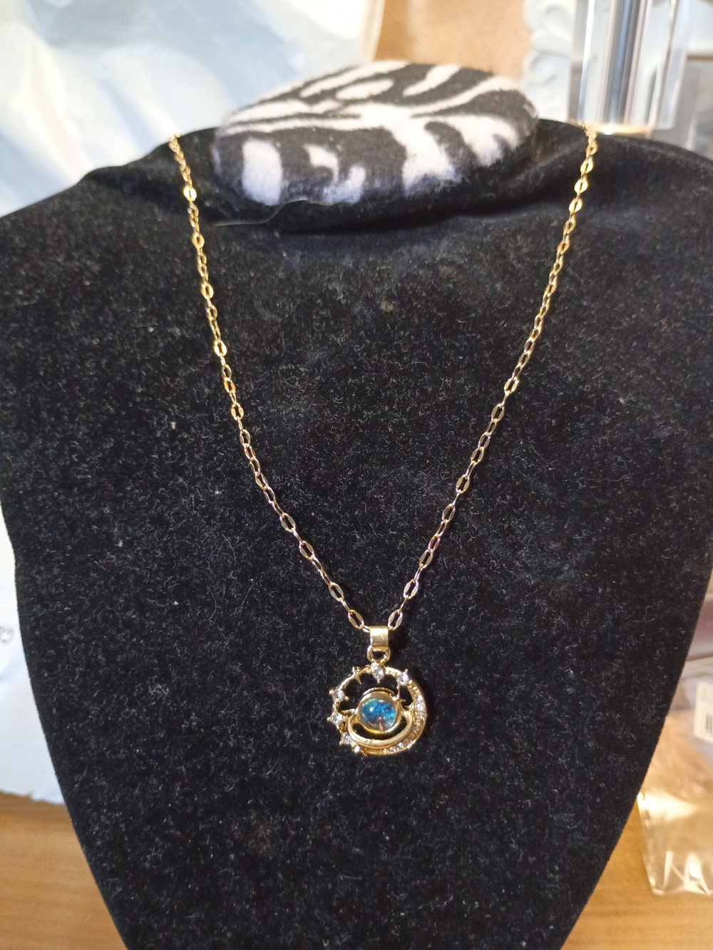 Gold-Tone Necklace with Blue Center Pendant - Women Jewelry
